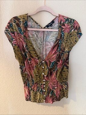 Olive and Pink Tropical Button-Front V-Neck Blouse